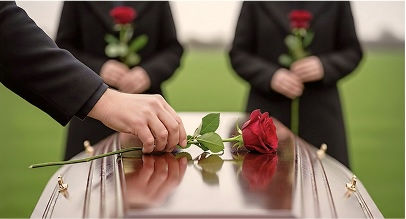 a person putting a rose on top of a coffin