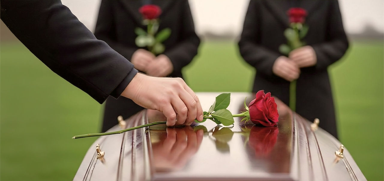 a person laying flowers on top of a coffin