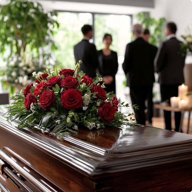 coffin with flower arrangement in chapel