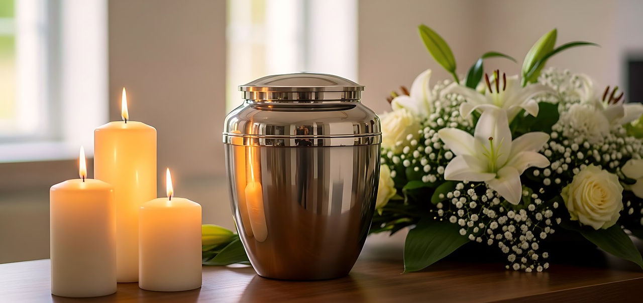 cremation urn with flowers and candles